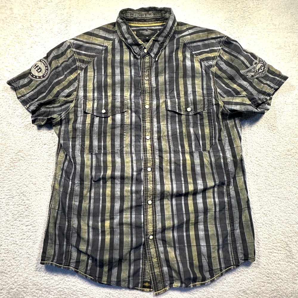 Harley Davidson Pearl Snap Shirt Mens XL Grey Olive Stripe Biker‎ Skull Patches